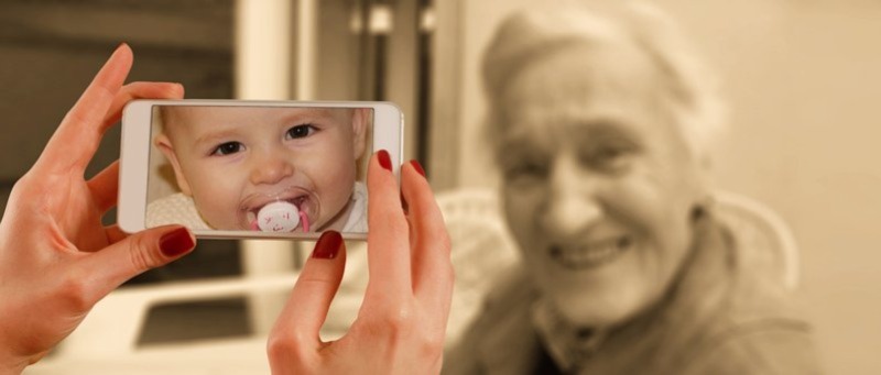Spoken English

An image of a smartphone with a baby's photo and an old  woman in the background